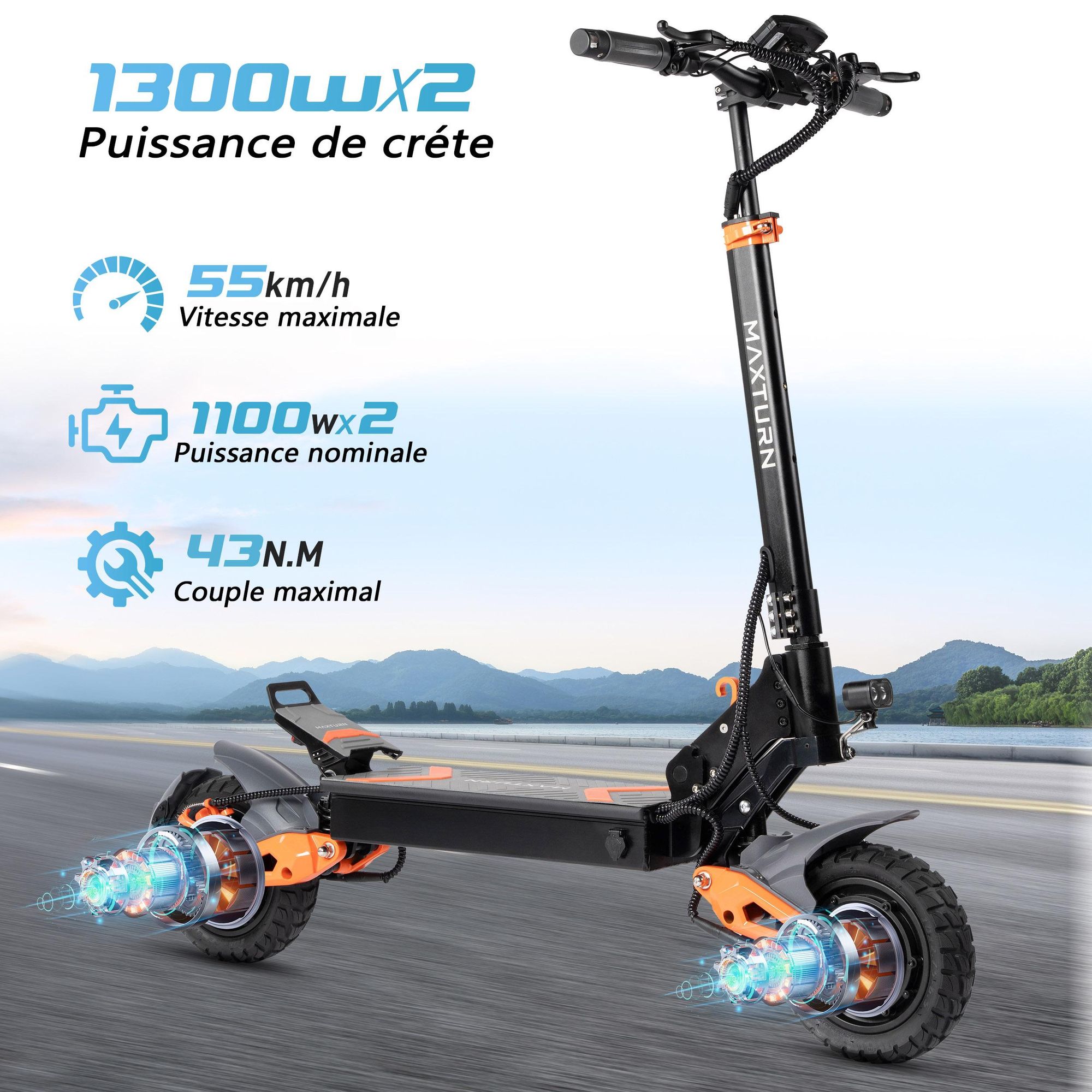 Trottinette électrique MAXTURN X1 Ultra - 48V20.8Ah 10'' Cadre Aluminium E-Scooter - Noir