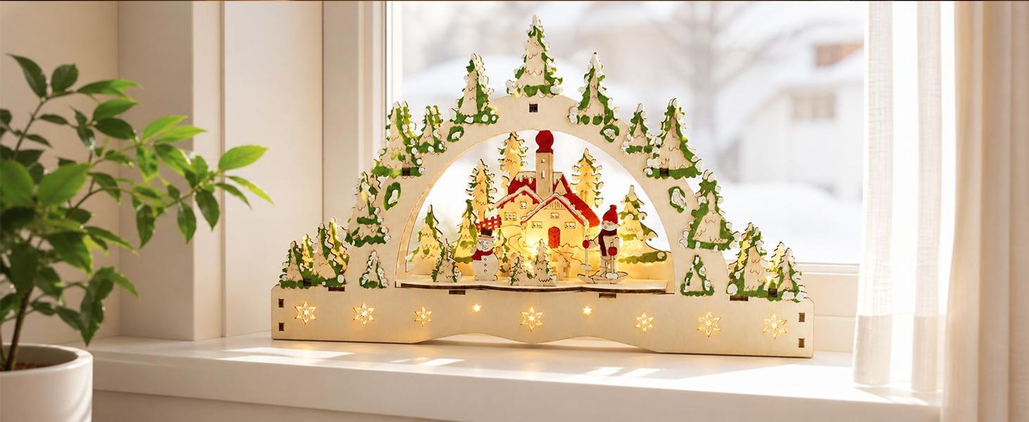 Salcar Holz Schwibbogen Weihnachtsdorf, 3D Lichterbogen 32cm mit 13 LED Beleuchtung Batterie Weihnachten Advent Winter Tisch und Fenster Deko