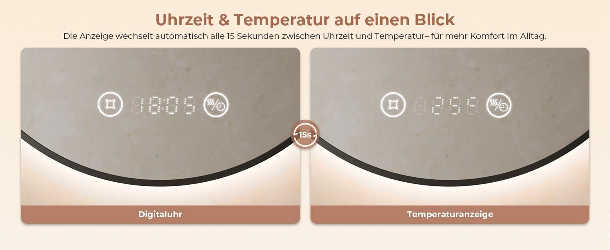 S'AFIELINA Badspiegel mit Beleuchtung Rund 80 cm Diameter,LED Badspiegel mit Touch, Beschlagfrei, Dimmbar, Uhr, Temperatur, Speicherfunktion,Schwarzer