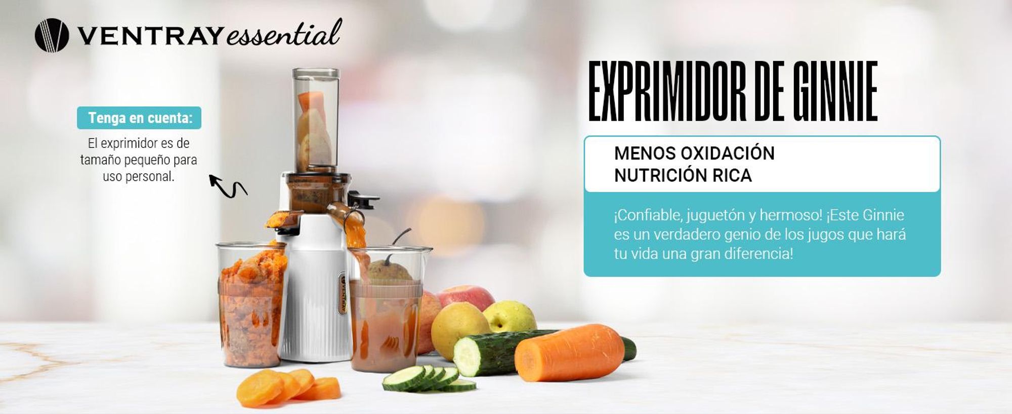 Ventray Essential Ginnie: Exprimidor en frío, extractor de zumo lento, compacto y silencioso (60 RPM, abertura de 45 mm), libre de BPA, capacidad de 400 ml, fácil de limpiar