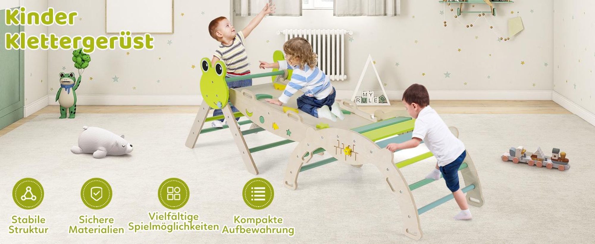 COSTWAY Klettergerüst Indoor 3er Set, klappabres Kletterdreieck mit Rutsche, Kletterbogen, doppelseitige Rampe, Baustein Set&2 Autos, für Kinder 1+