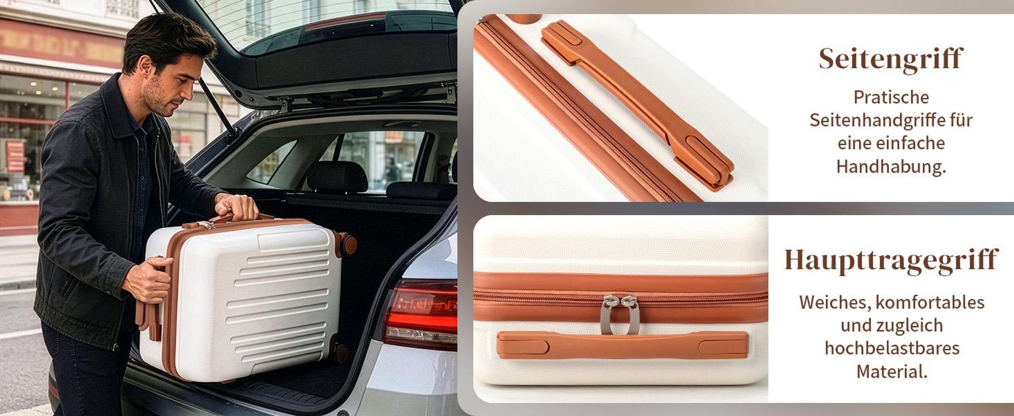 FCH Kofferset, 5tlg. Hartschalen Reisekoffer & Trolley Set S-M-L-XL + Handtasche, 360° Rollen, Beige