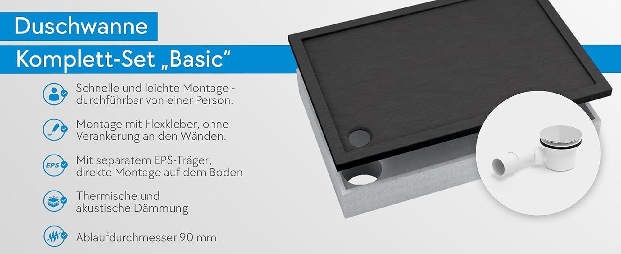 AQUABAD® Duschwanne Komplettset Basic Black Stone 90x120cm Rechteck inkl. Styroporträger und Ablaufgarnitur Alcadrain A49CR