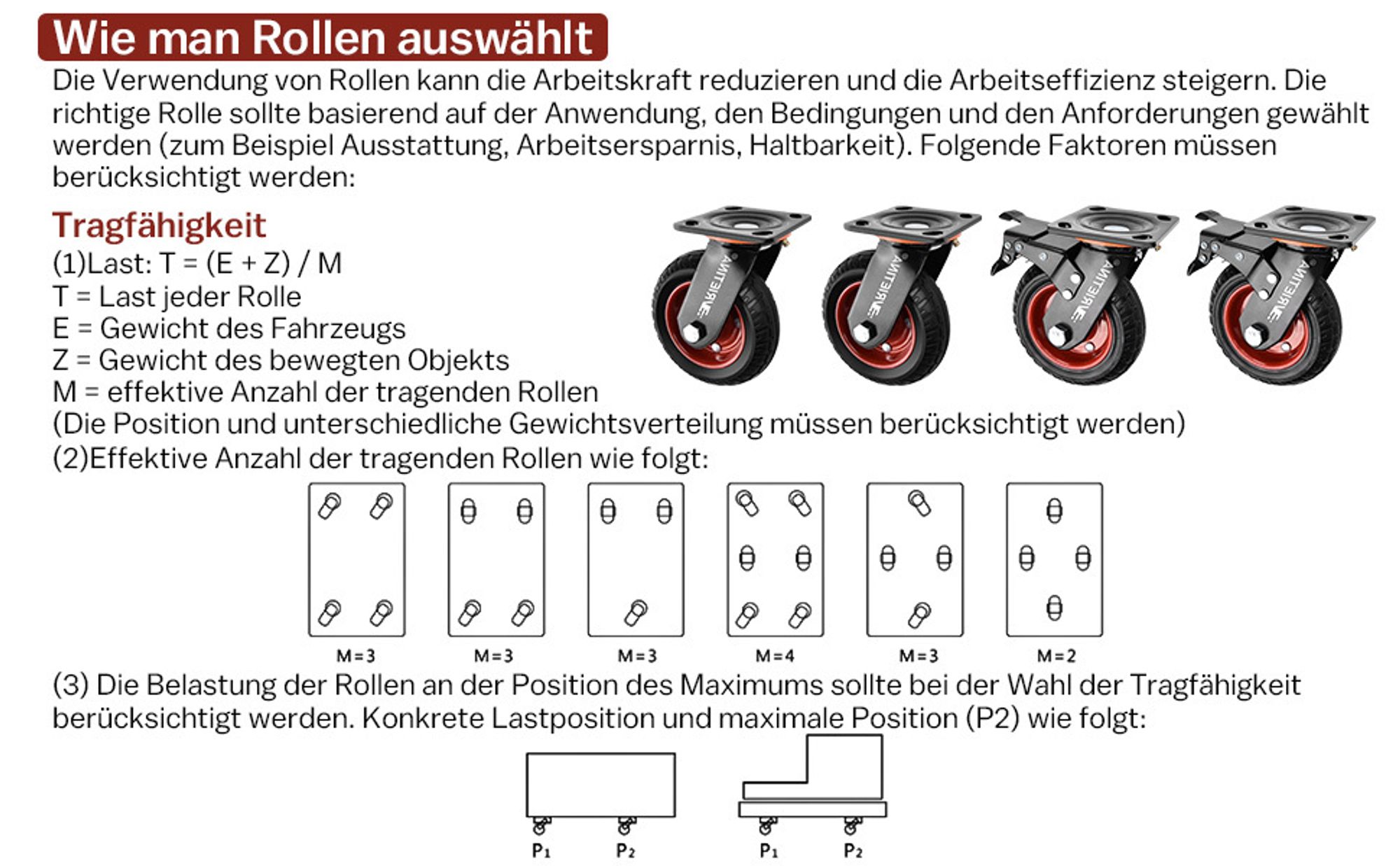 4stk Schwerlastrollen 150mm Lenkrollen mit Bremse, 360° Drehbar Transportrollen mit Deckplatte Vollgummi Rollen Max.1000kg(2 Lenkrollen 2 Bremsrollen)