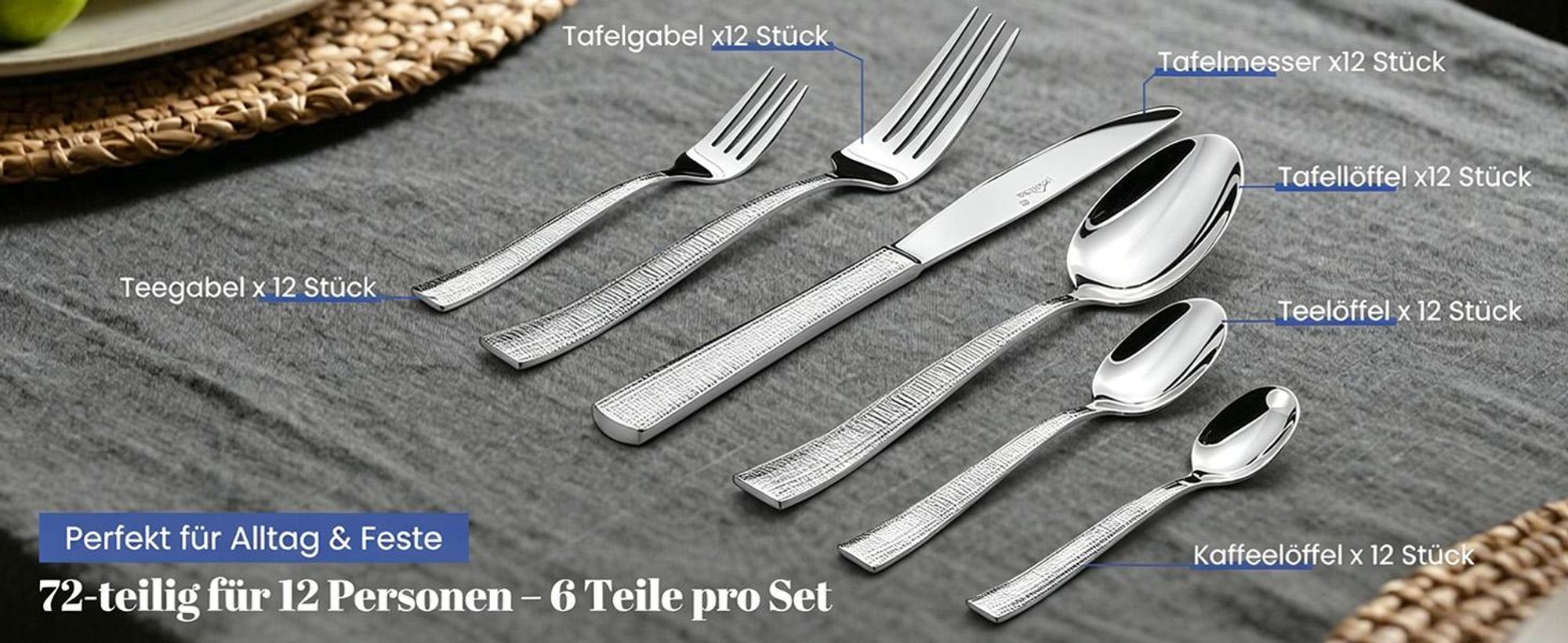 Besteck Set 12 Personen,72-tlg Edelstahl Besteckset,Cutlery Set mit Messer Gabel Löffel,6-tlg Essbesteck HL-G1806