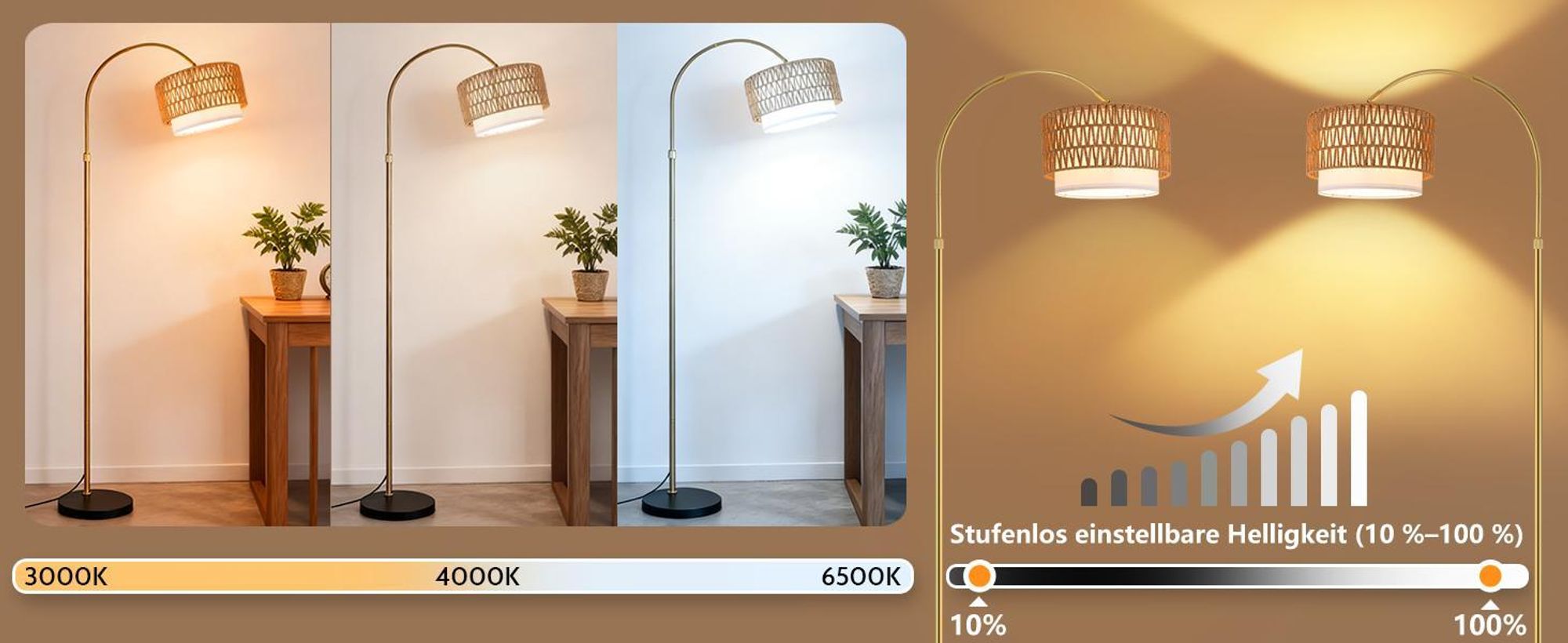 ZMH Stehlampe Boho Rattan Bogenlampe Gold dimmbare Stehleuchte mit Fernbedienung E27 LED Bogen Leselampe 350° drehbar Standlampe für Schlafzimmer Büro