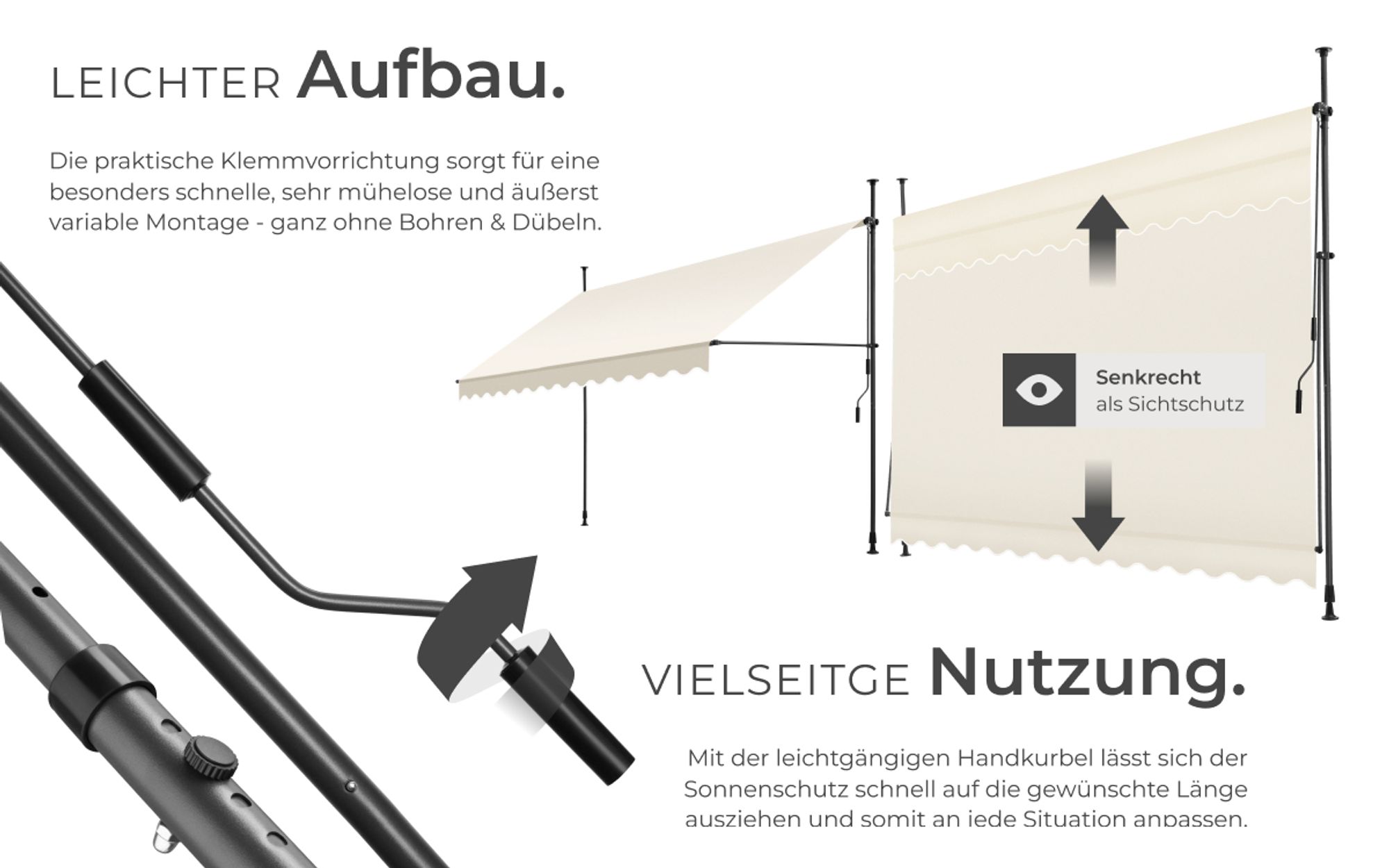 tectake® Klemmmarkise mit Handkurbel einfache Montage