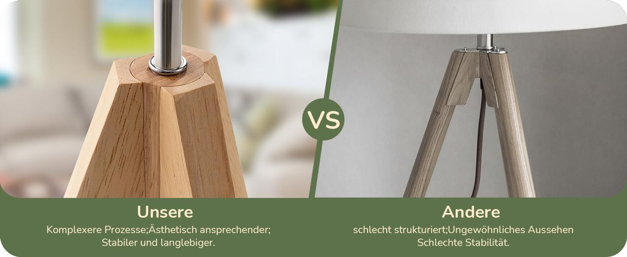 EDISHINE Tischlampe Holz,LED Nachttischlampe mit Glühbirne, E27 Tischleuchte mit Schirm, Grün