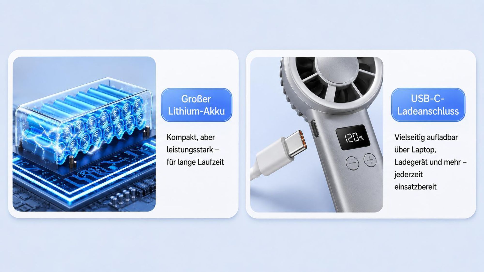 Handventilator, Tragbarer Ventilator, 120 Geschwindigkeiten & stufenlose Regelung, Klein ventilator  LED, USB ventilatoren, leise, Überall einsetzbar