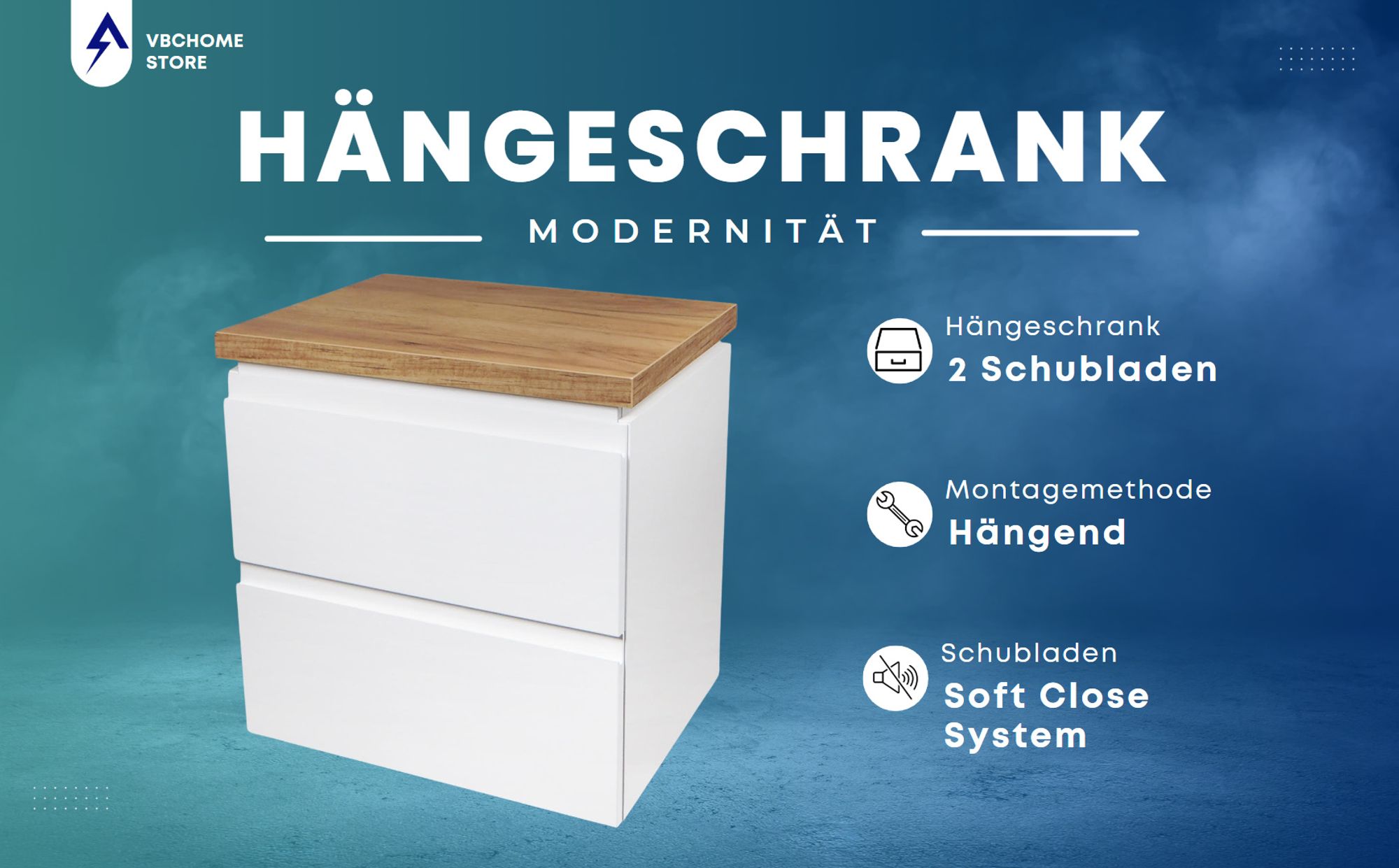 VBChome Badmöbel 60 cm Weiß Aufsatzwaschbecken mit Hahnloch 60x40 cm Aufsatzwaschtisch mit Waschbeckenunterschrank 2 Schubladen Badezimmerschrank