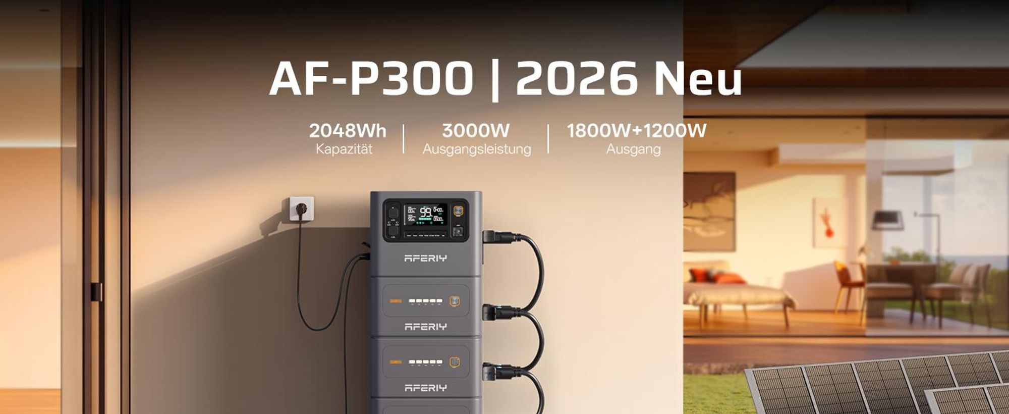 AFERIY P300 3000 W 2048 Wh Powerstation, 1200 W Solar, 1,5 h Schnellladung, erweiterbar auf 10,24 kWh, 220–240 V, für Camping und Zuhause