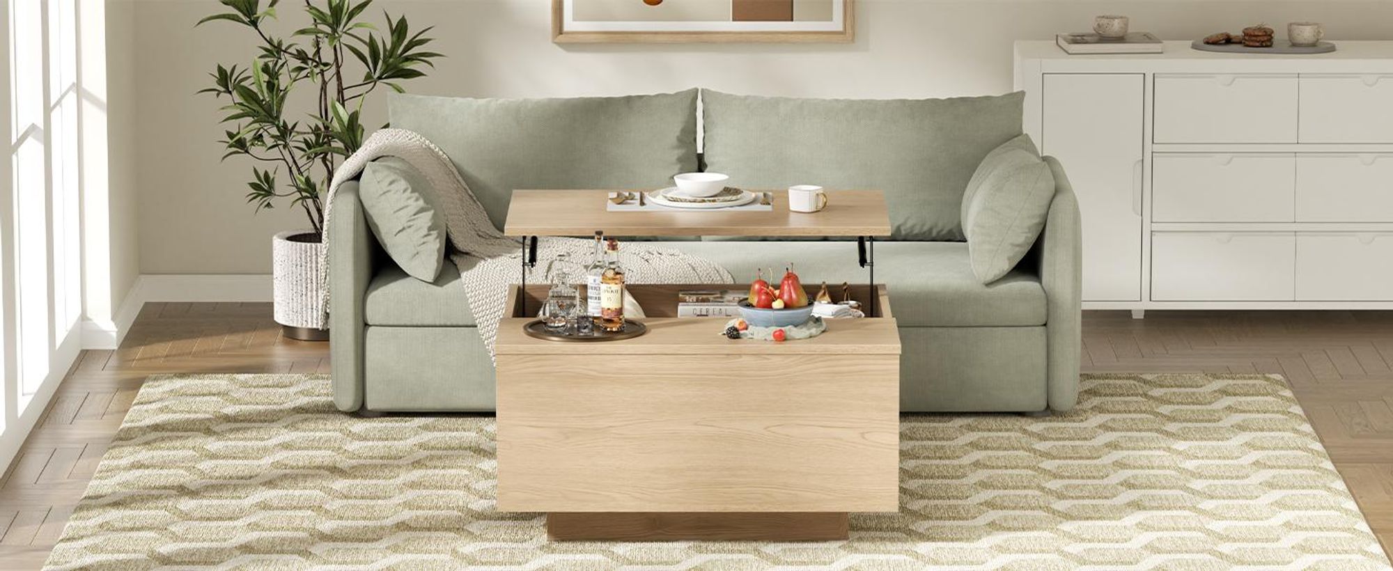 FABATO Couchtisch eckig, höhenverstellbar mit verstecktem Staufach, Landhaus-Design in Natur