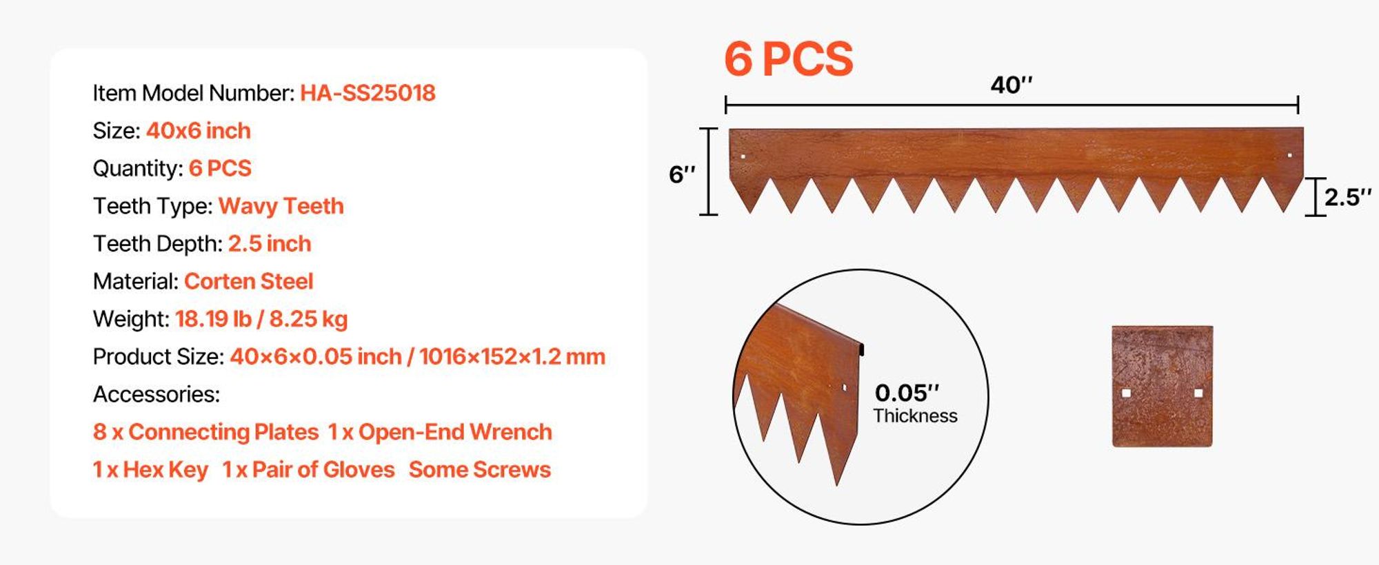 VEVOR Rasenkante, 6er-Pack, 1016x152 mm, Cortenstahl Beeteinfassung mit 8 Verbindungsplatten, Biegsame Beetbegrenzung, Rasenbleche, Mähkante Metall Gartenpalisade für Blumenbeete, Gartenwege