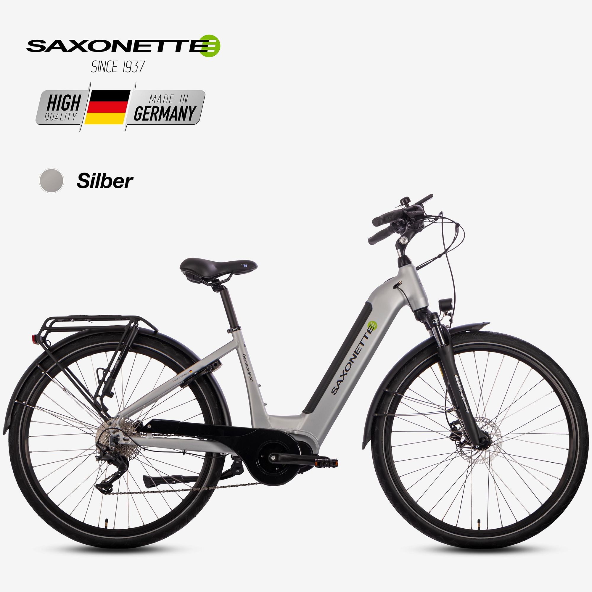 SAXONETTE Quantum Sport Wave 28" E-Bike, Elektrofahrrad,SHIMANO Deore 10-Gang Kettenschaltung, Mittelmotor, 36V 15Ah Akku, RH45,(Silber)