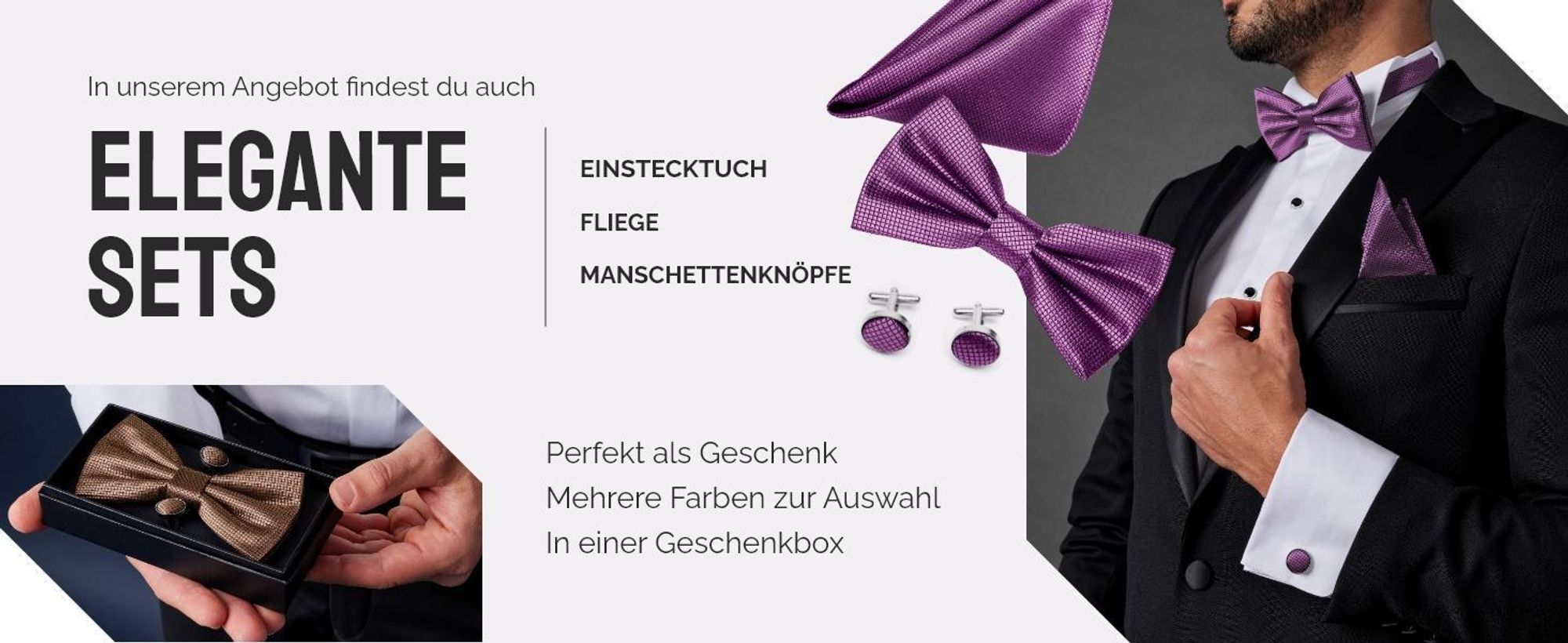 Ladeheid Herren Schmale Fliege & Einstecktuch Set M/P (12cm x 6cm, 22cm x 22cm)