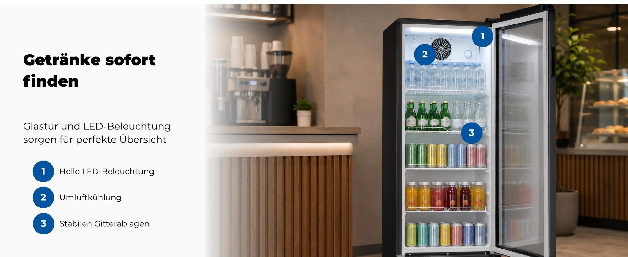 Exquisit Glastürkühlschrank, 200l Getränkekühlschrank mit LED, Umluft, 3 verstellbare Ablagen, CoolPro, GKS5180-GT-431D schwarz