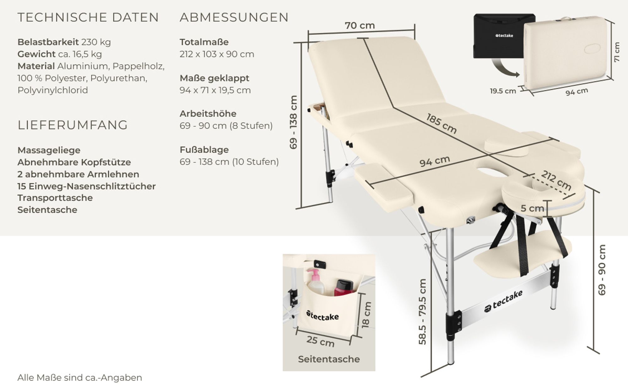 tectake® 3 Zonen Massageliege Phuket Breite 70 cm, Polsterung 5 cm 212 x 103 x 90 cm