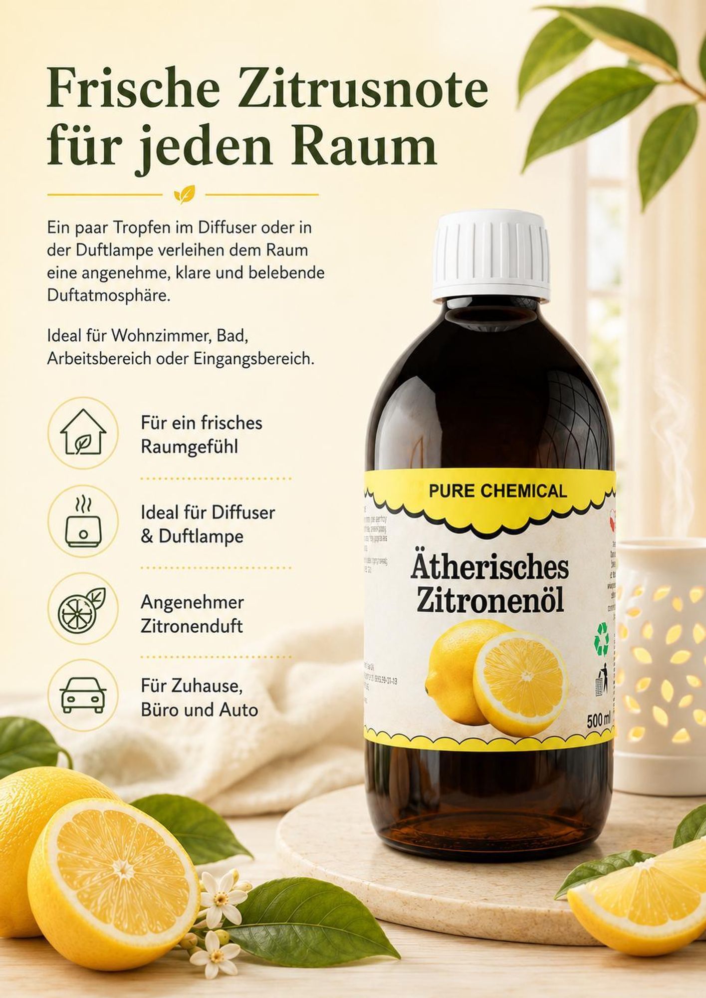 Zitronenöl 500 ml, 100% natürliches ätherisches Öl, Citrus Limon Peel Oil, für Diffuser, Aromatherapie & DIY-Kosmetik | Pure Chemical™