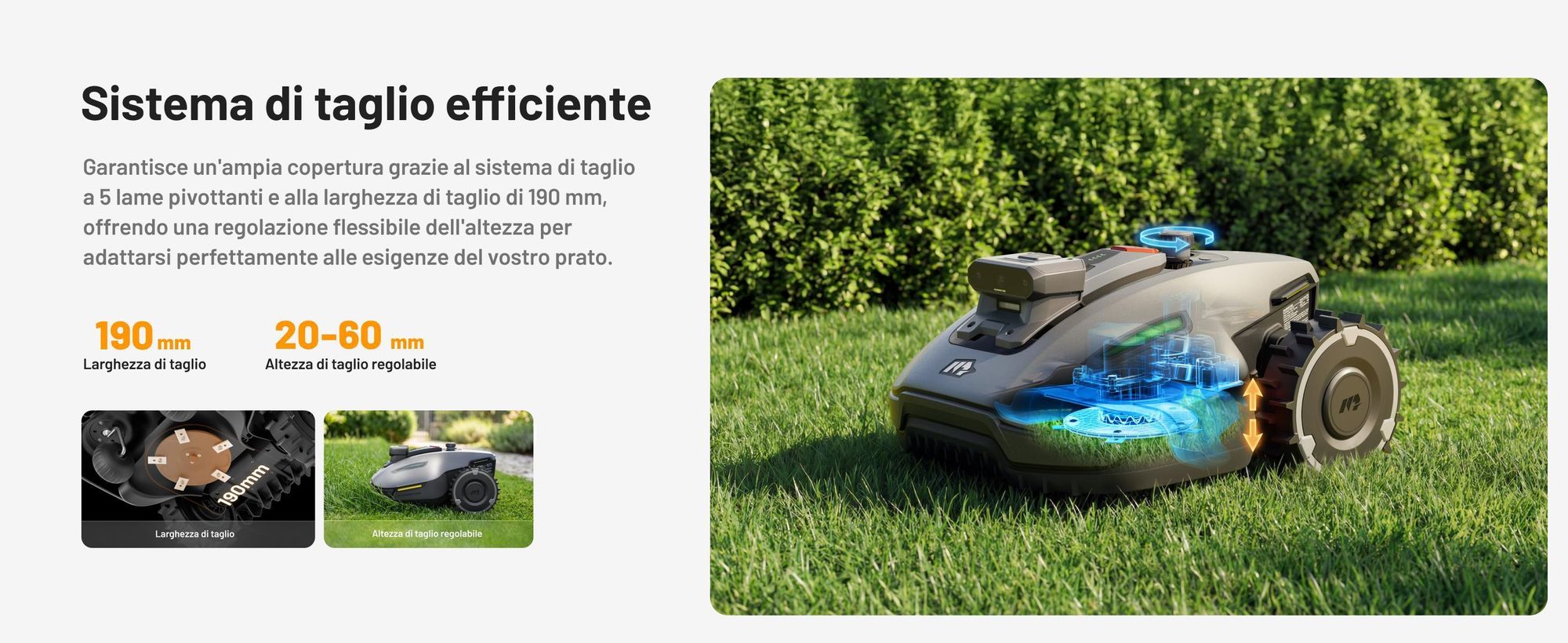 Robot tagliaerba Mammotion YUKA Mini 2 800 con garage e stazione lavaggio, fino a 800 m², DropMow, mappatura auto, taglio bordi, 4G-Modul, APP