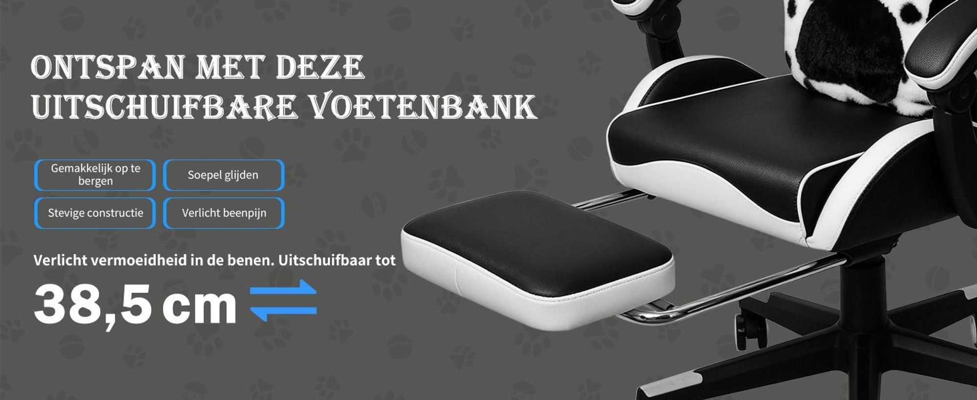 Puluomis gaming stoel met voetsteun, bureaustoel, chefstoel, kantoel, race-stoel, ergonomisch, draaibaar, in hoogte verstelbaar, zwart en wit