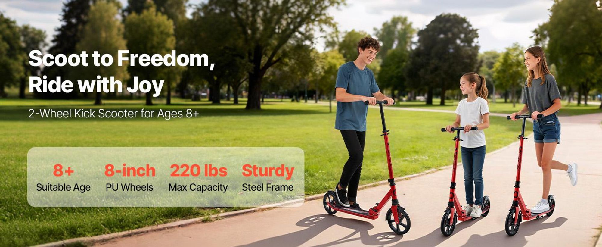 VEVOR Scooter (2 Räder) für Kinder ab 8 Jahren, Cityroller Kinderroller Straßenroller mit höhenverstellbarem Lenker & rutschfestem Deck, faltbarer Tretroller bis zu 100 kg, Schwarz + Rot