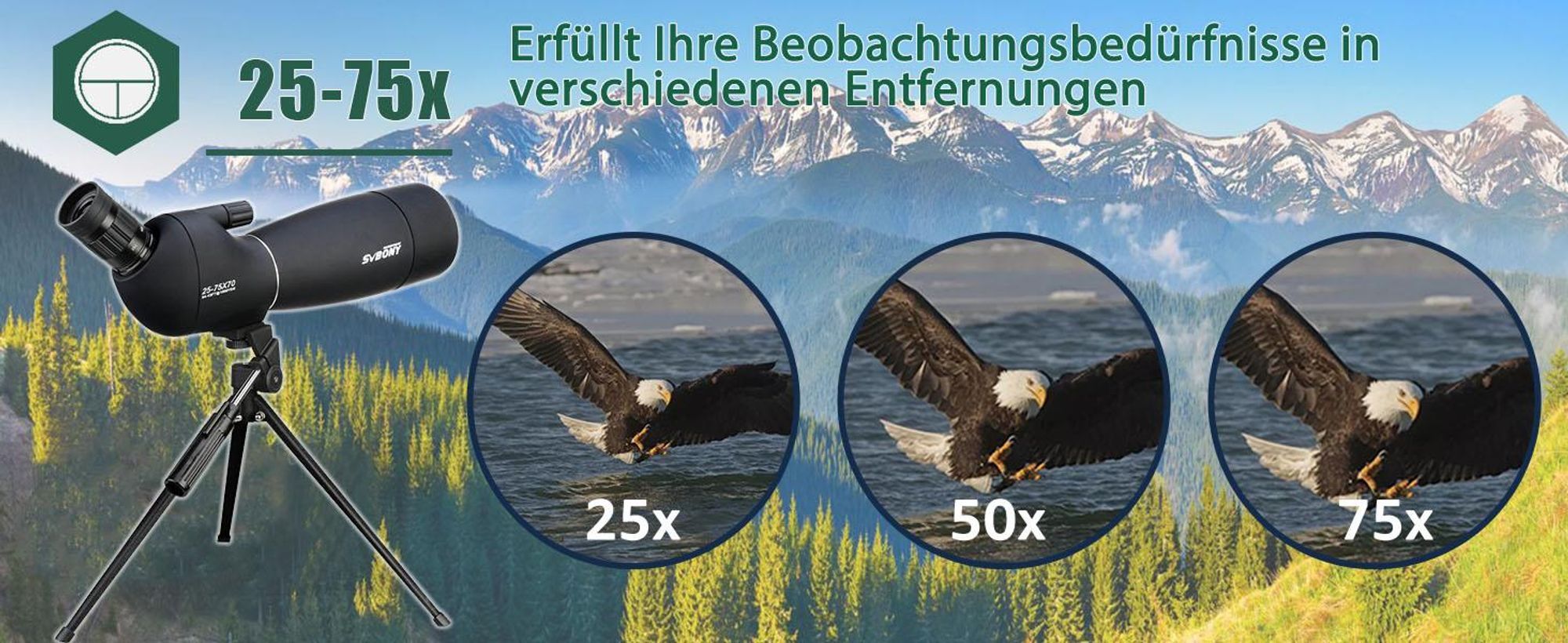 Svbony SV28 Spektiv Teleskop, 25-75x70mm, mit Stativ, BAK4 Prisma, FMC Objektiv, für Vogelbeobachtung Zielschießen Jagd, Monokulare Ferngläser Schwarz