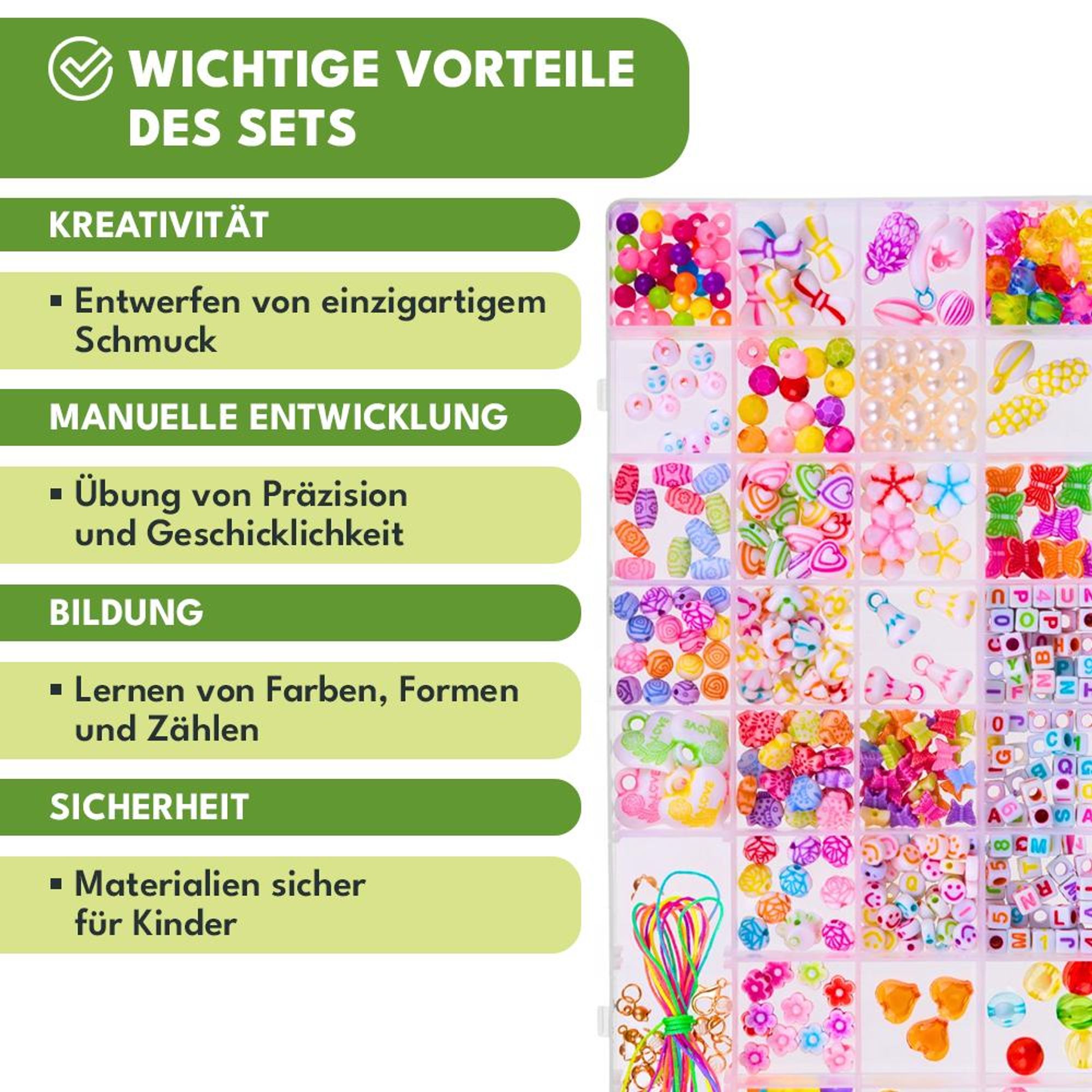 KRUMAD Perlen Set 750 Stück - Bastelset für Armbänder selber machen, bunte Perlen mit Buchstaben, Schmuck Zubehör für Kinder