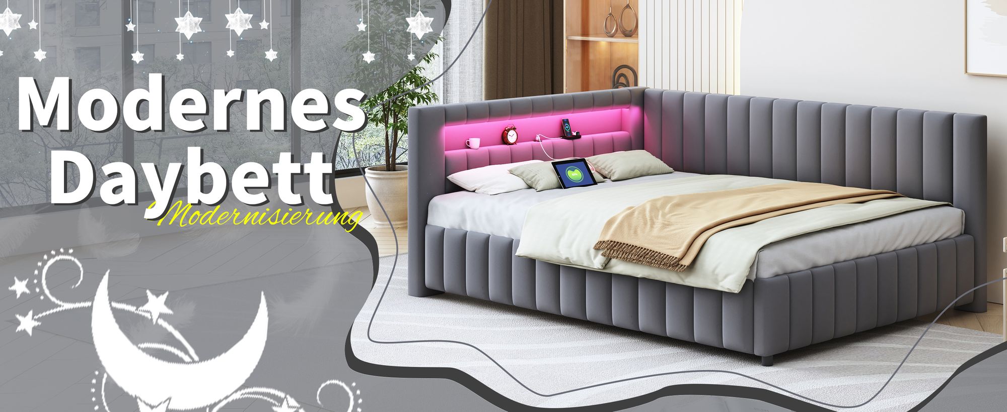 okwish Daybett Polsterbett 140x200, Schlafsofa mit LED-Licht und USB-Ladeanschluss, mit Rückenlehne und Kopfteil,Samtstoff,Dunkelgrau-Ohne Matratze
