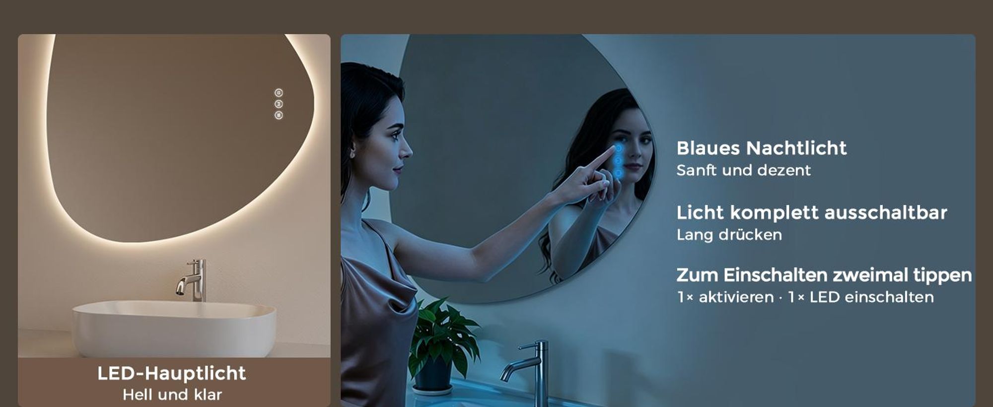 S'AFIELINA Badezimmerspiegel mit LED-Beleuchtung, 60 x 70 cm, mit Hintergrundbeleuchtung, rahmenlos, 3 Lichtfarben, dimmbar, mit Antibeschlag-Funktion und Memory-Funktion.