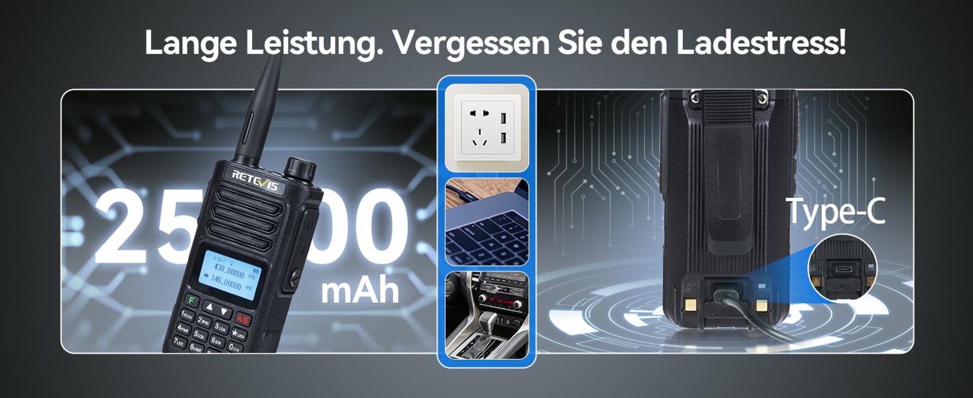Retevis RA89 Amateurfunk, Hohe Leistung, IP68 Wasserdicht, Dualband, VFO, 2500 mAh Akku, Wiederaufladbares Walkie-Talkie Typ C(2 Stück, Schwarz)