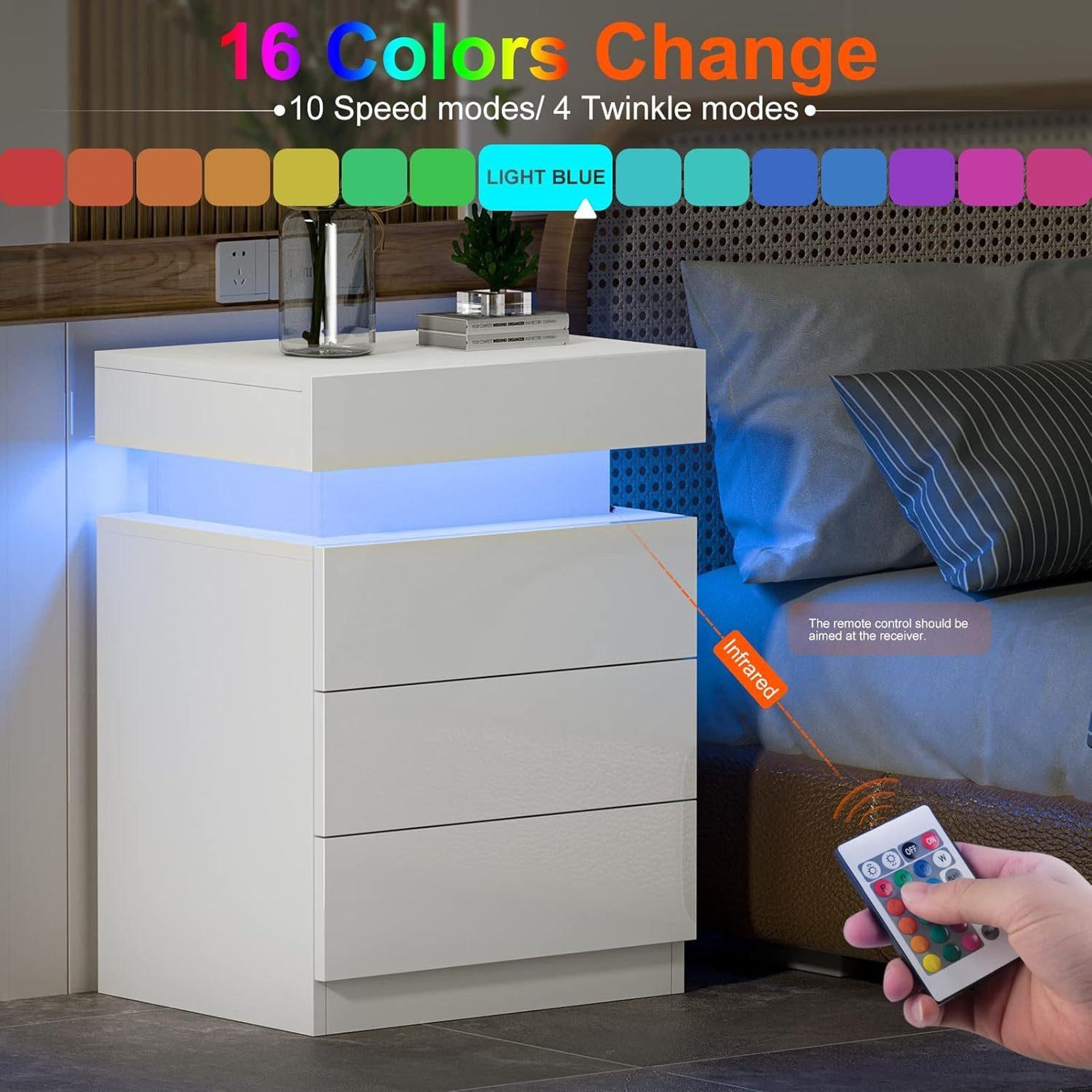 OYAJIA Nachttisch Hochglanz Nachtschrank mit 3 Schubladen,LED-Beleuchtung 16 Farben Nachttisch mit LED Streifen, Beistelltisch, Nachttisch Sofatisch
