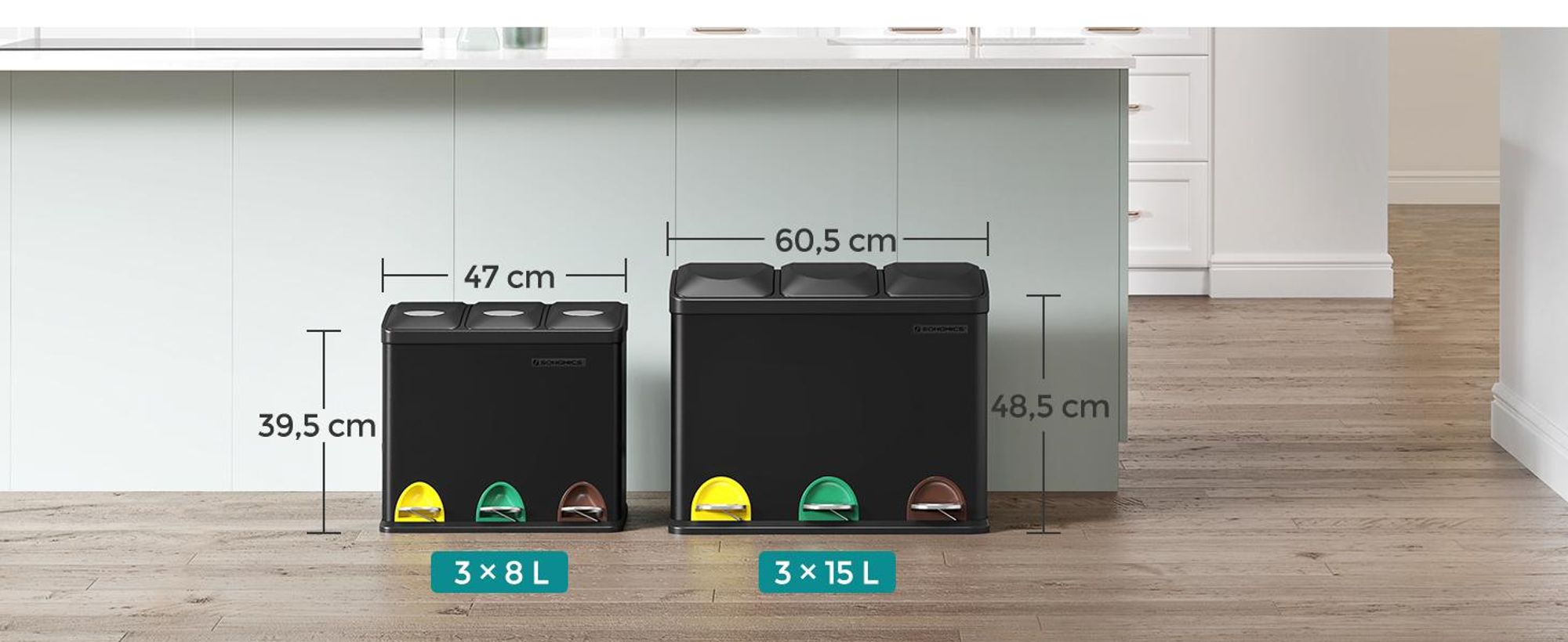 SONGMICS Mülleimer Mülltrennsystem, aus Metall, 3 x 8 L, Küche