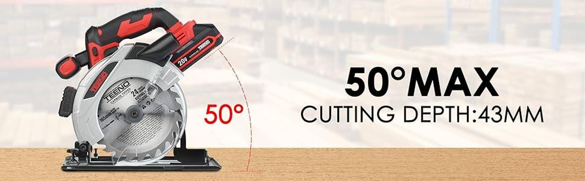 TEENO Scie circulaire laser sans fil 4000 RPM avec frein électrique, 2X2.0 AH batteries, 2X165mm lames, profondeur et angle de coupe réglables