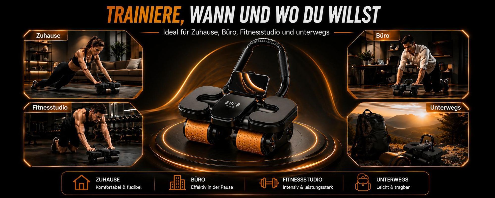 4-rädriger automatischer Rückfederung Bauchtrainer,Ab Roller Wheel mit LCD-Display, Intelligenz zählen, bauchtrainer elektrisch mit Ellbogenstütze