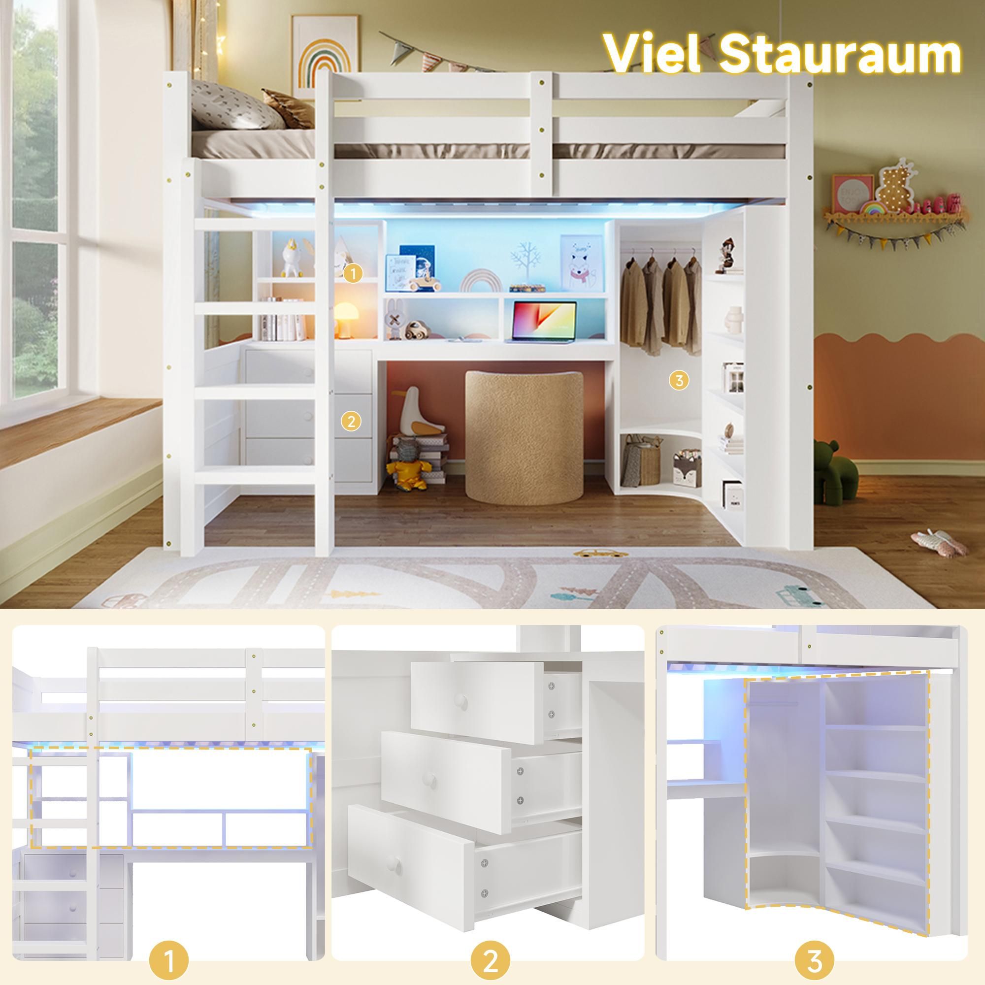 Flieks Etagenbett 90x200cm mit Led, Kinder Hochbett mit Schreibtisch und Schubladen, Kinderbett mit Kleiderschrank und offenen Regalen, Weiß