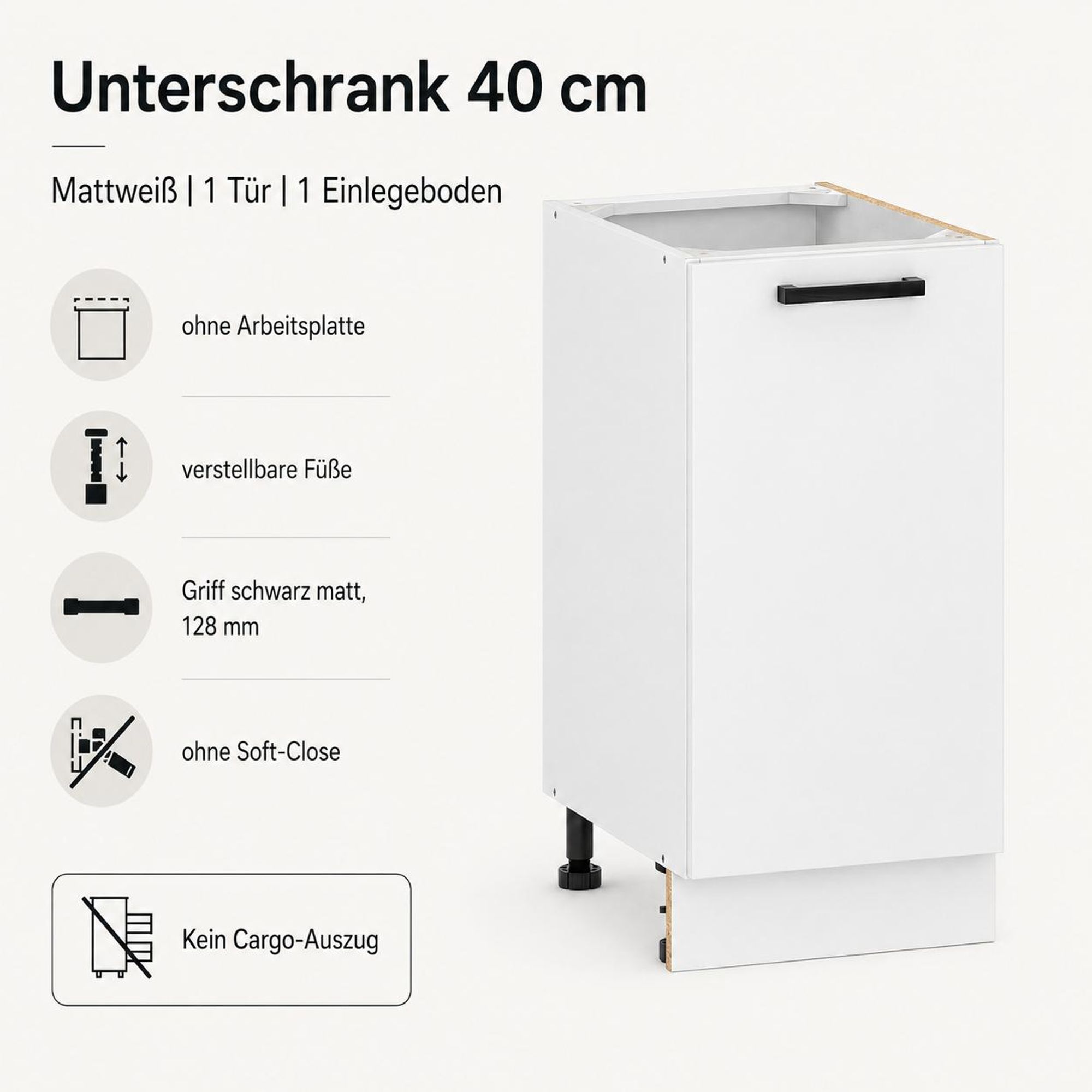 Küchenunterschrank 40 cm Mattweiß: 1 Tür, weißer Korpus & verstellbare Füße.