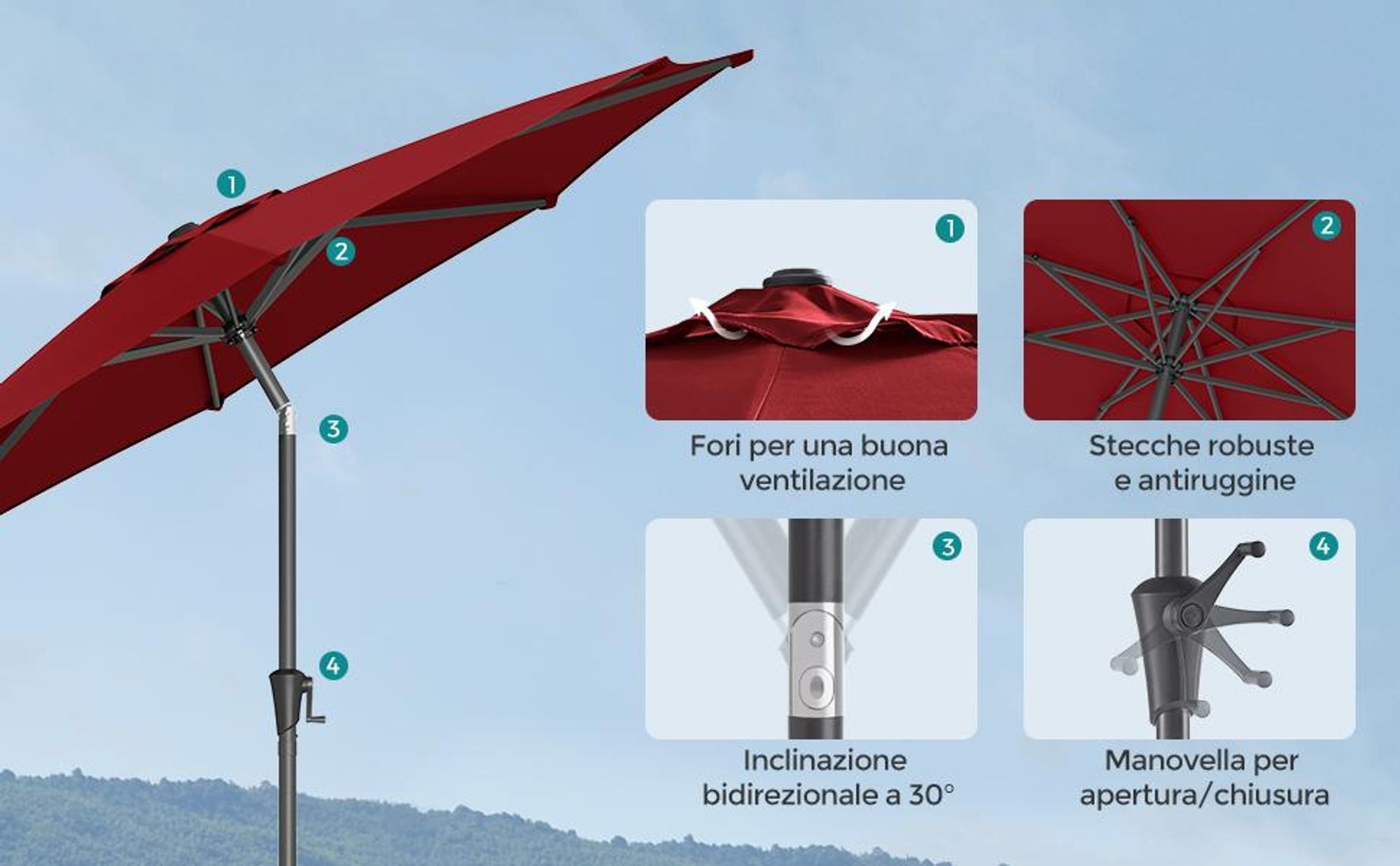 SONGMICS Sonnenschirm Ø300 cm UPF 50+ beidseitig um 30° knickbar