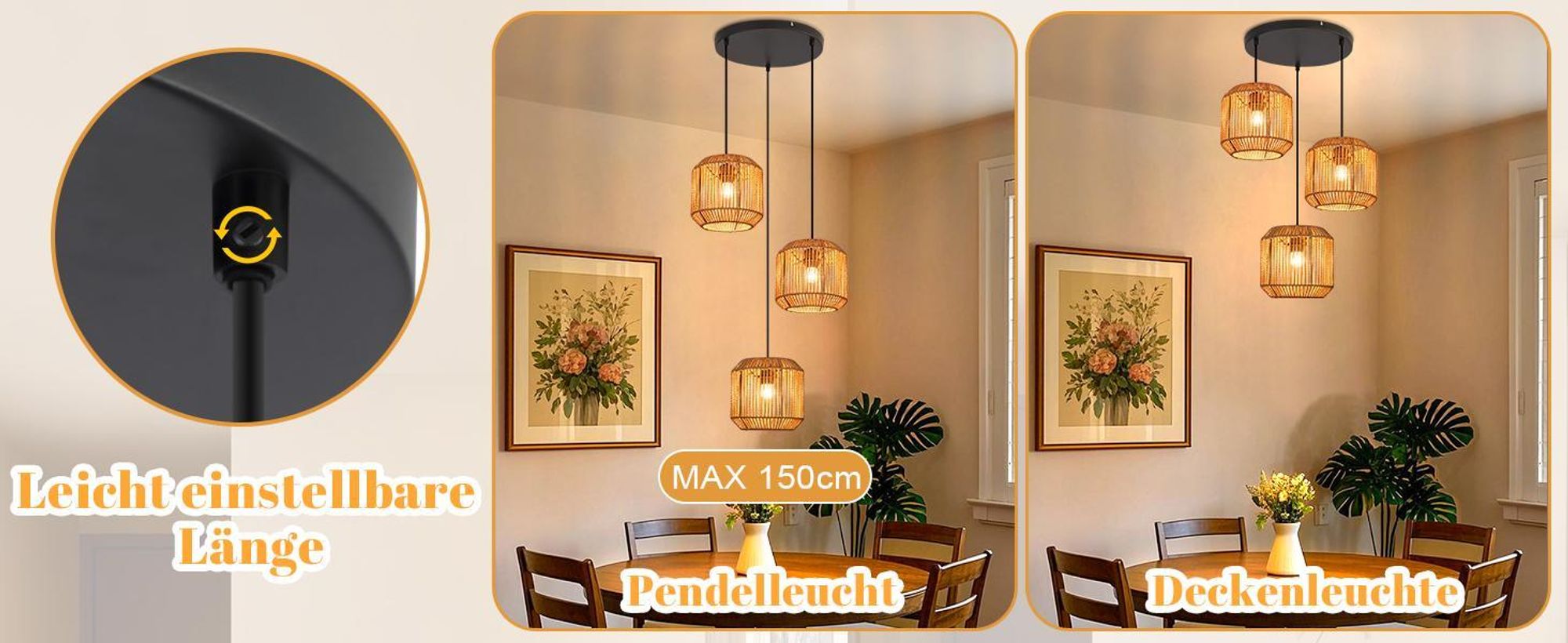 ZMH Pendelleuchte Boho Hängelampe Rattan Lampe Hängend Höhenverstellbar 3 flammig Esstischlampe mit E27 Fassung für Schlafzimmer Ohne Leuchtmittel