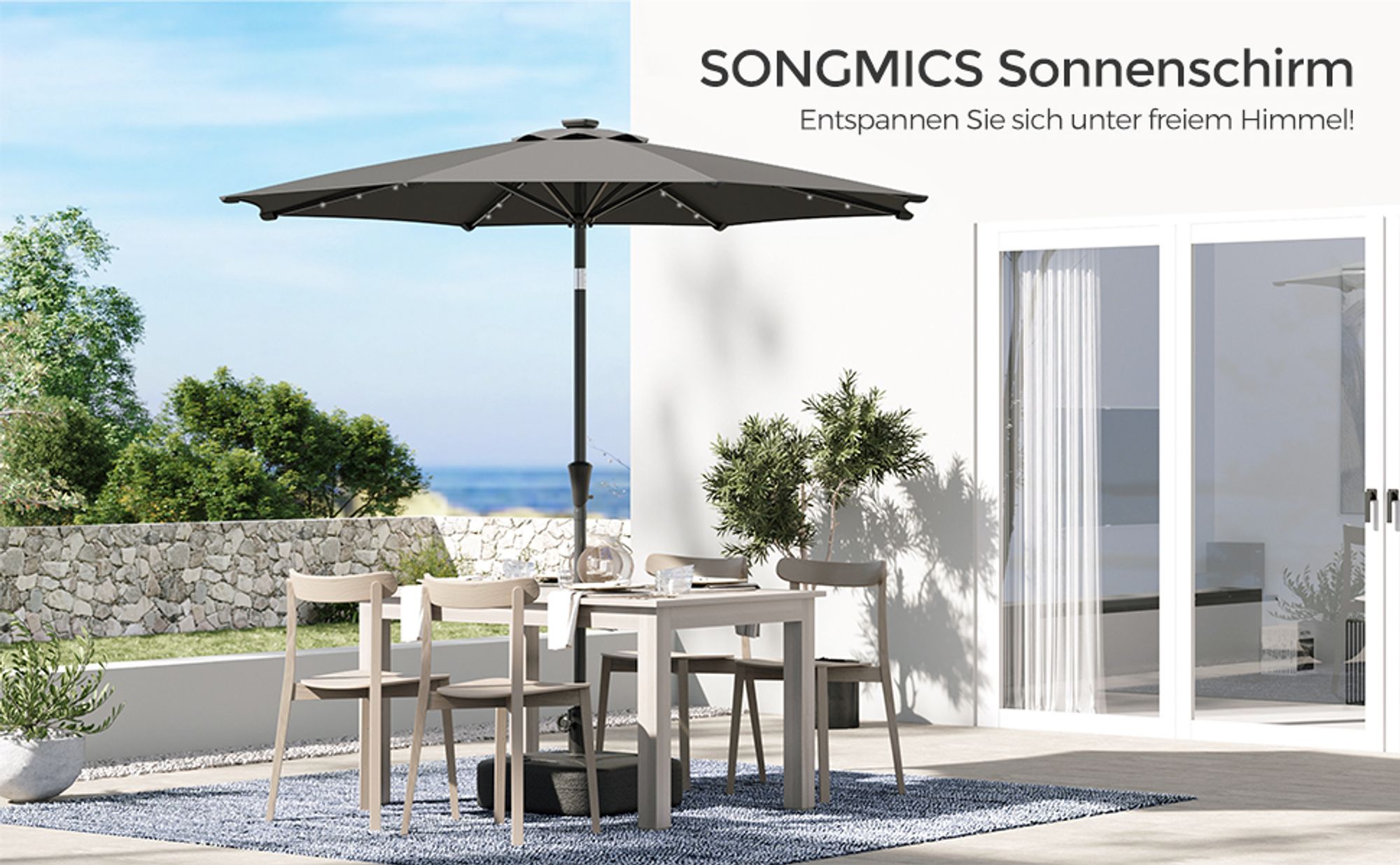 SONGMICS Sonnenschirm Ø 300 cm mit 32 LED-Lämpchen UV-Schutz