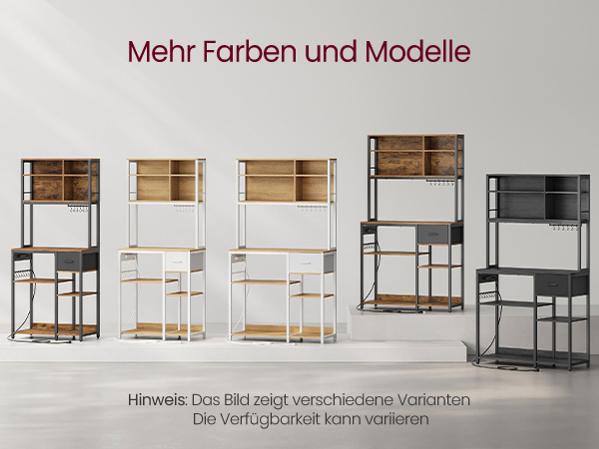 VASAGLE Küchenregal mit Steckdosen, Standregal, Mikrowellen-Regal, verstellbare Ablagen, Stoffschublade, 12 Haken, 40 x 100 x 180,4 cm, für Mikrowelle