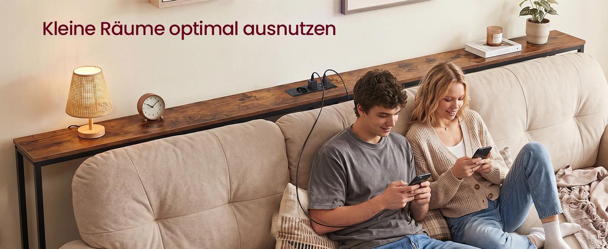 VASAGLE Sofatisch, Konsolentisch, Flurtisch, schmal, 15 x 200 x 80 cm, mit Ladestation, für Flur, Wohnzimmer, braun-schwarz