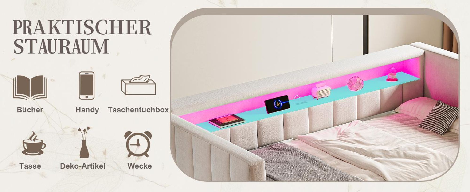 LVHOM Tagesbett ausziehbar 90/180x190cm mit Stauraum und LED, Schlafsofa mit Auziehbett, Samt Daybed mit USB und Lattenrost, Daybett, Beige