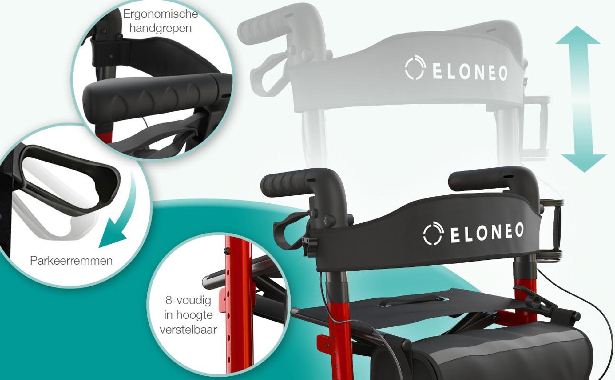 ELONEO inklapbare rollator met zitplaats, outdoor rollator met luchtbanden, inclusief zitvlak, rugsteun en verstelbare loopsteun van aluminium