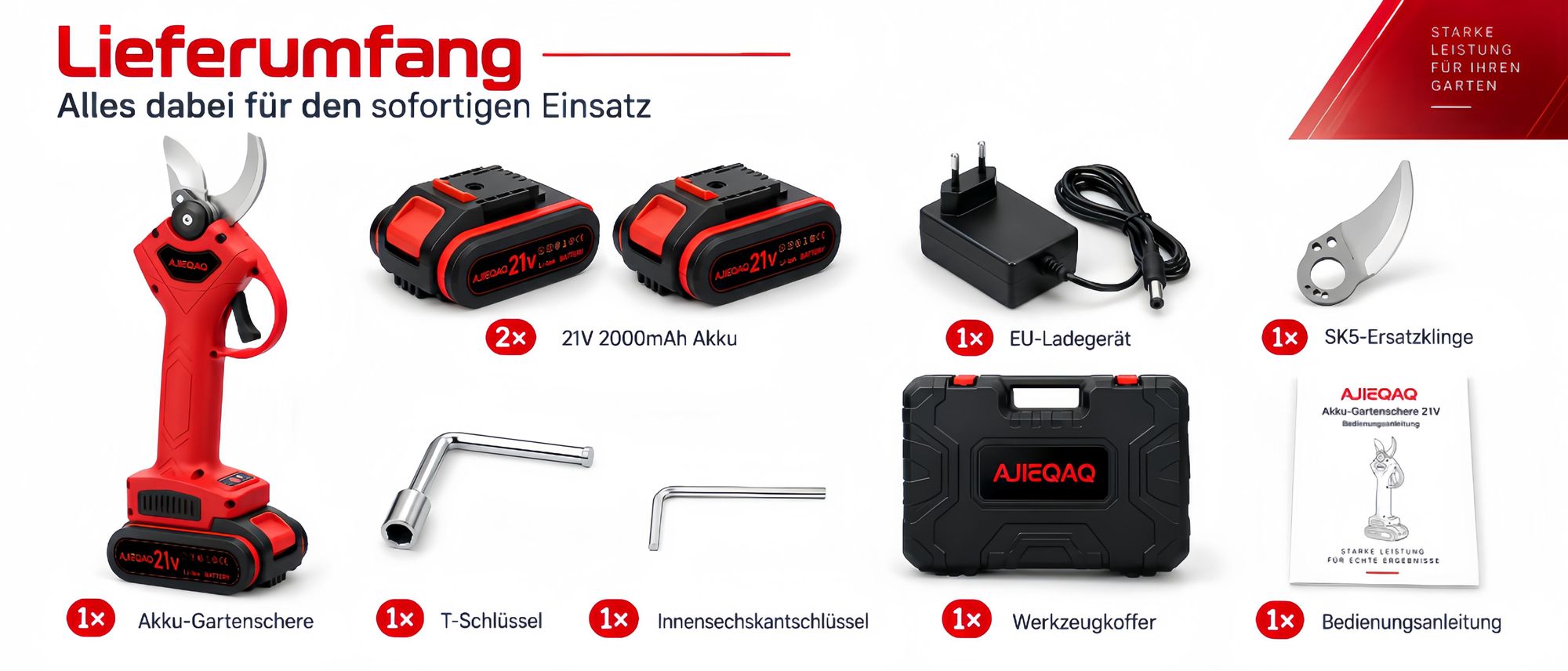 AJIEQAQ Elektrische Gartenschere 21V, Akku-Astschere Brushless, 2×2000mAh Akkus, 25mm Schnittkapazität, SK5 Klinge, Koffer