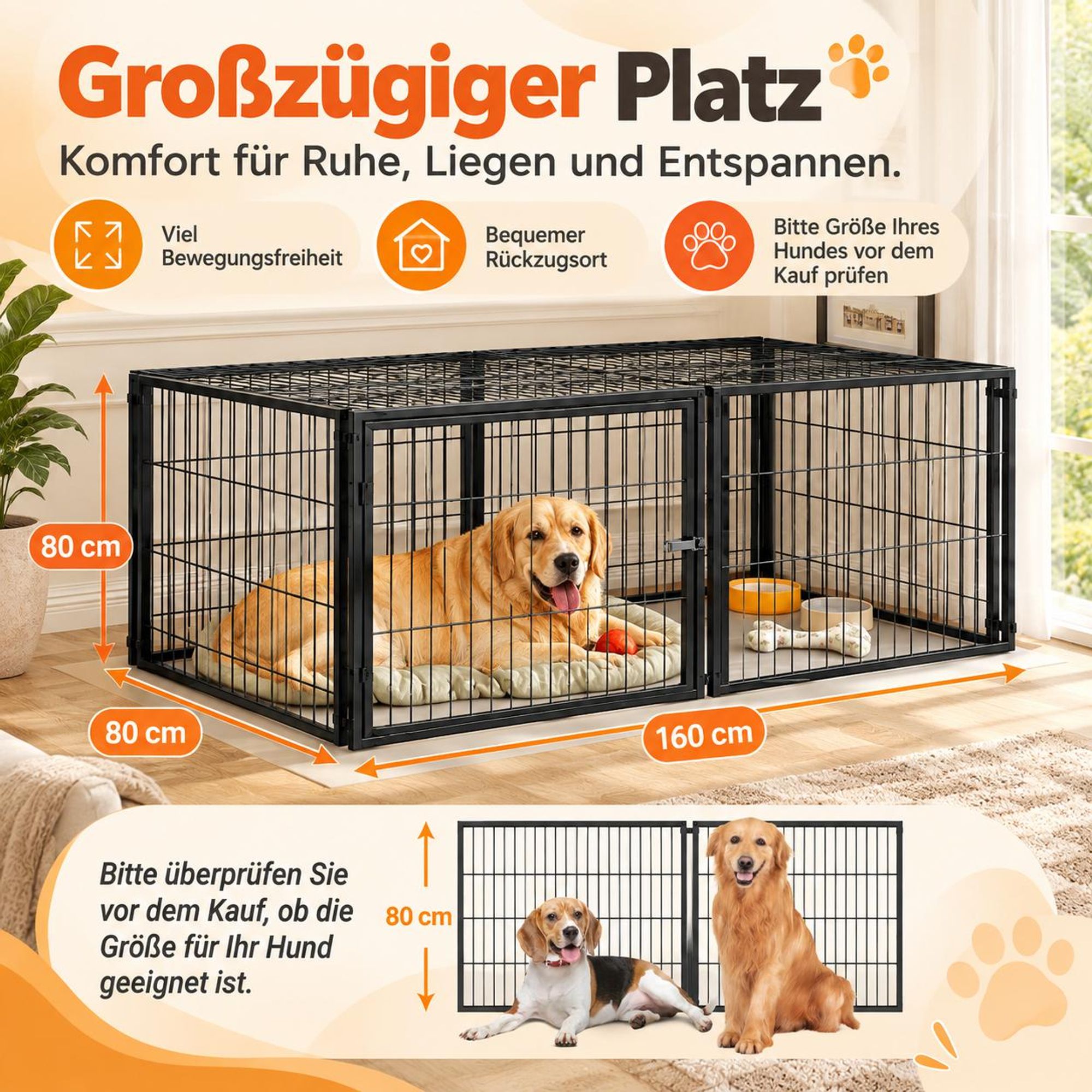 Basics Modulare Hundebox 160x80x80 cm, Flexibler Hunde-Käfig mit Sicherheitsdeckel & Verstellbarer Tür, Aus Stahl mit Rostschutz, inkl. PVC-Auflage, Schwarz Black