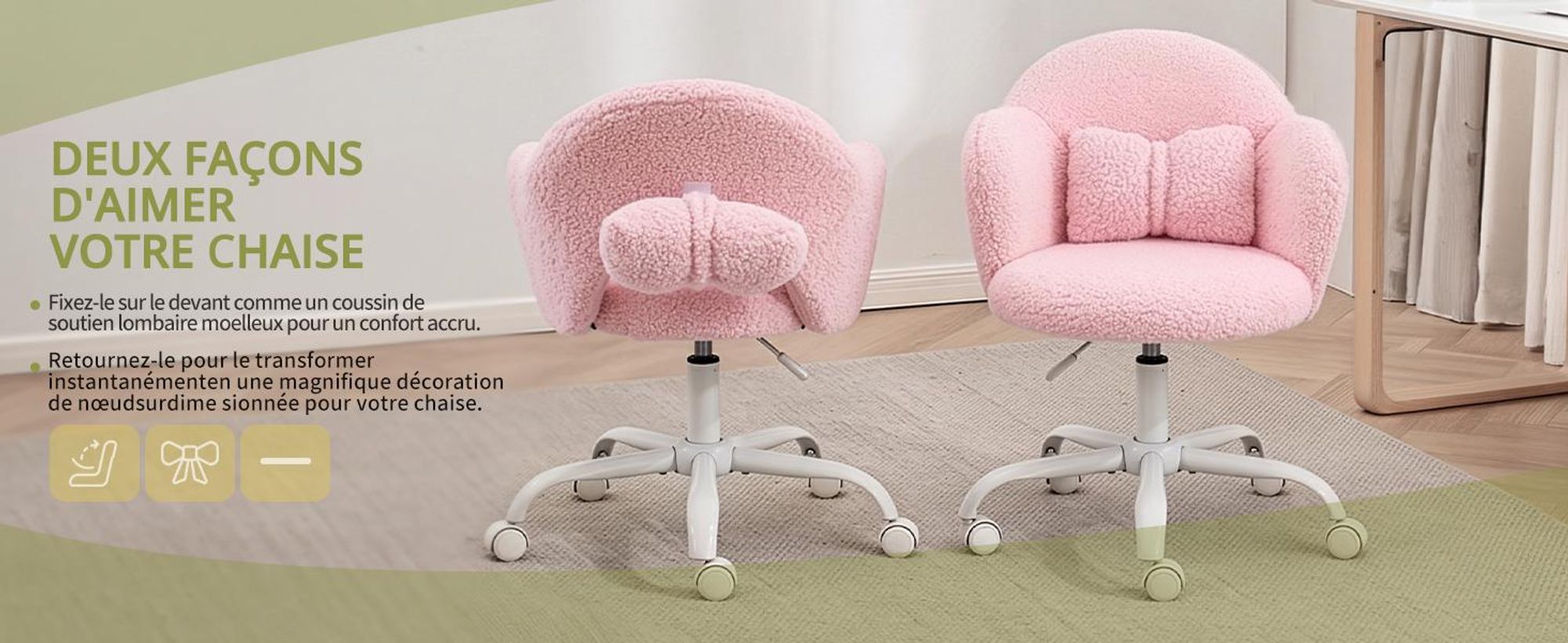 Chaise de bureau pivotante en forme de fleur, avec coussin lombaire, revêtue de similicuir mouton, 1 pièce, dimensions 59×57×76‑85,5 cm, rotation à 360°, couleur rose
