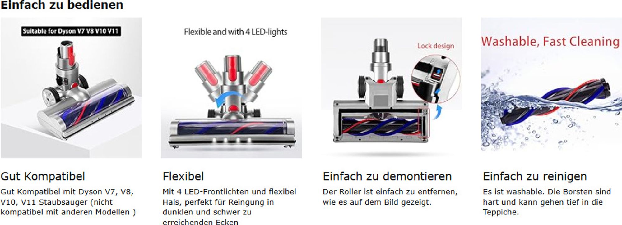 Bürste kompatibel mit Dyson V7 V8 V10 V15 V11 , Bodenbürste mit Direktantrieb und LED-Leuchten für Kurzflorige Teppiche und Hartböden