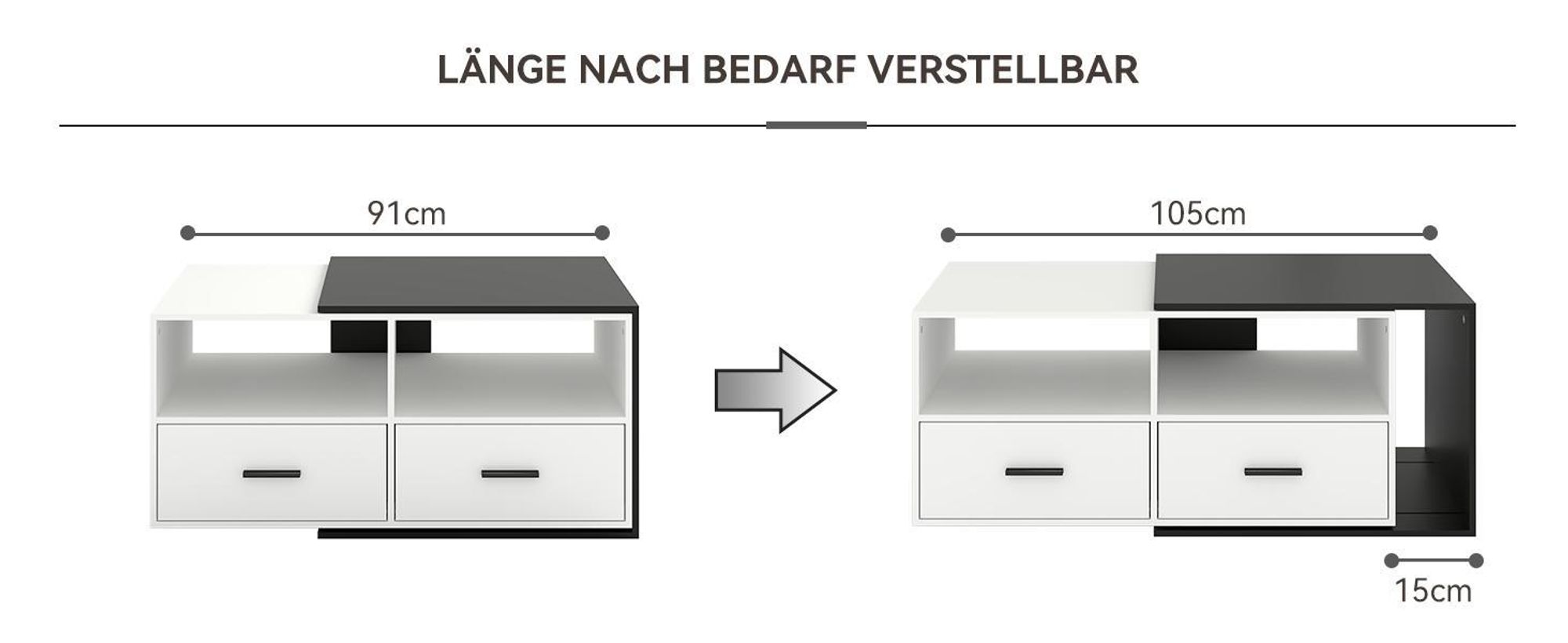 Puluomis Ausziehbarer Couchtisch mit Schublade, Kaffeetisch mit Farbblock Design und Rollen Schreibtisch Sofatisch für Wohnzimmer schwarz weiß