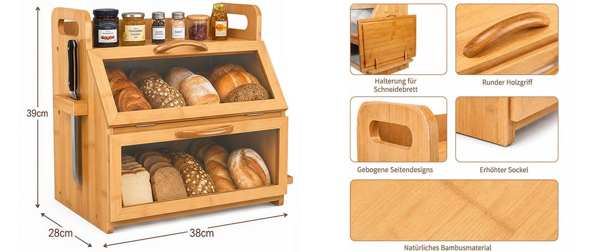 2 Etagen Bambus Brotkasten mit Sichtfenster, Großer Brotbox, Holz Brotbehälter für Hörnchen, Brötchen, Brotaufbewahrung Küche, 38 cm x 28 cm x 39 cm