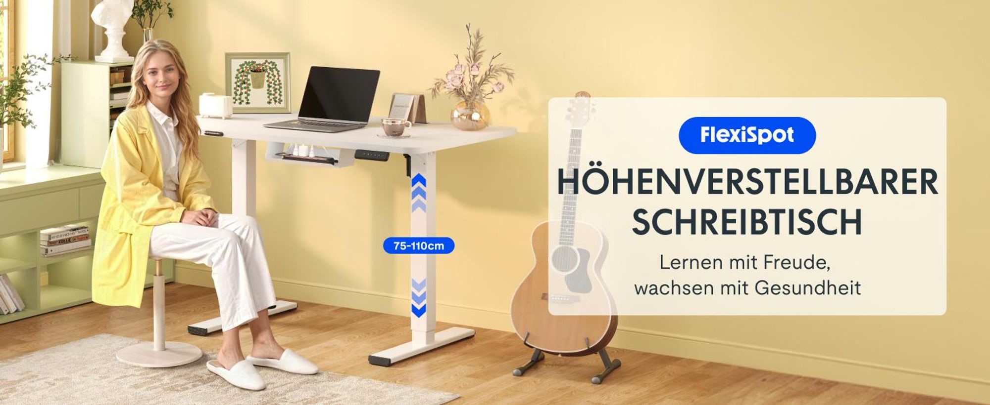 FLEXISPOT EN1 Höhenverstellbarer Schreibtisch 100x60cm elektrisch mit einteiliger Tischplatte, Kabelmanagement & Ablagefach, 4 Memory-Funktion (Weiß)